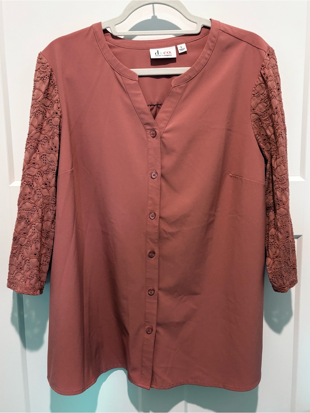 Denim&Co Dusty Rose Button-Front Blouse with Crochet Sleeves